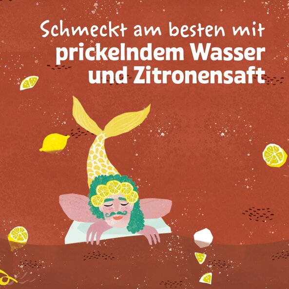 Illustration with character and text “tastes best with sparkling water and lemon juice” | © SONNENTOR