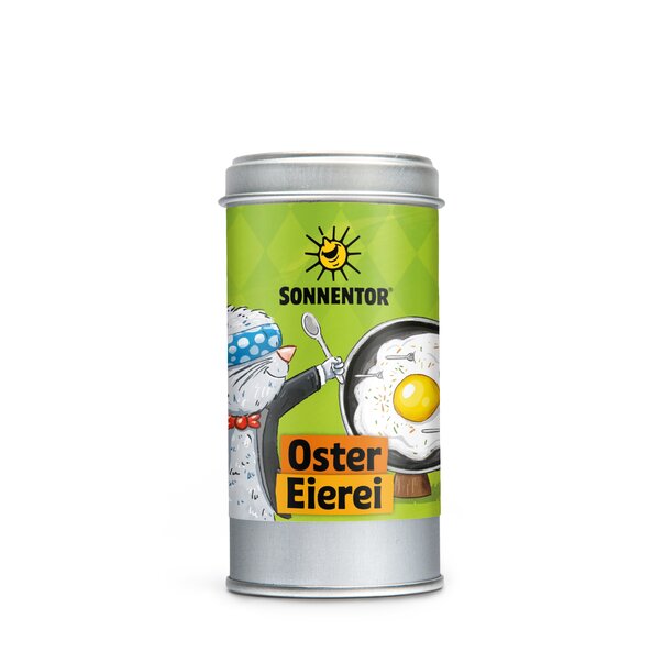 On the label there is a bunny with his eyes closed, shooting a fork into a target made from a fried egg in a pan like a circus performer.