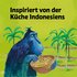 Illustration of a blue monkey eating noodles from a key, on a light green background with the words: ‘Inspired by Indonesian cuisine’.