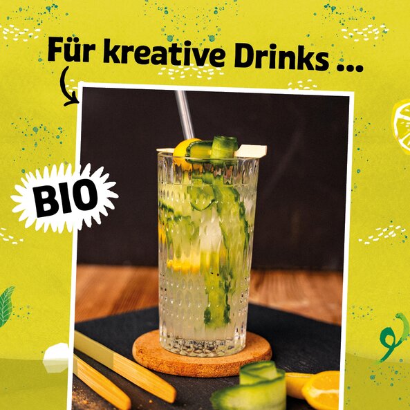 Illustration mit Foto eines Glases Bergamotten Sirup von SONNENTOR mit dem Schriftzug: "Für kreative Drinks" auf  gelb-grünem Hintergrund am Etikett.