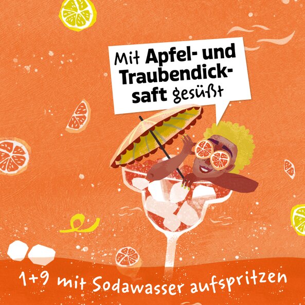 Ilustration mit einer sich im Cocktailglas mit Eiswürfeln sonnenden Frau und Orangen und Zitronen und dem Text "mit Apfel- und Traubendicksaft gesüßt und 1+9 mit Sodawasser aufspritzen" auf orangem Hintergrund..