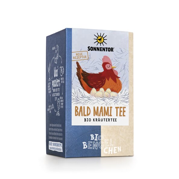 Foto einer Packung Bald Mami Tee. Darauf ist eine Henne in ihrem Nest zu sehen.