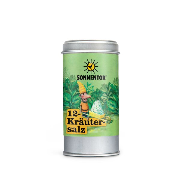 Photo of a Spice Tin 12-Herbs-Salt Organic Herbal Salt. On the spice tin is a picture of a dwarf driving through a herb field with a wheelbarrow full of herbal salt.