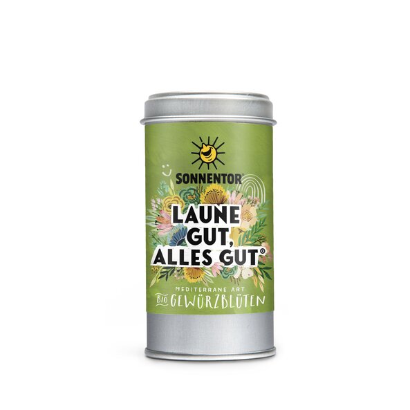 Foto einer Streudose Laune gut, alles gut Gewürzblüten. Auf der Streudose ist eine Illustration mit buntem, blumigem Hintergrund in grün mit der Aufschrift Laune gut, alles gut.