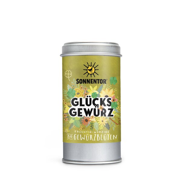 Photo of a spice tin Fortune Spice Blossom. On the spice tin is a illustration with colorful floral background in green with the inscription Fortune Spice.